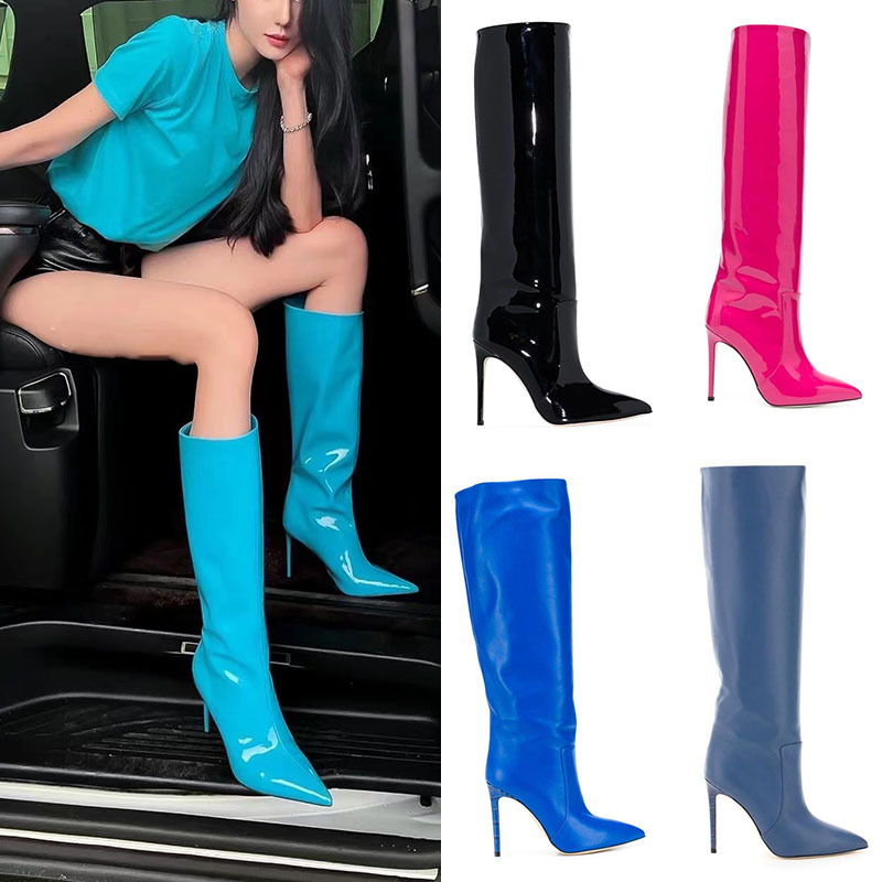 2024 Autumn/Winter Foreign Trade Elegant Pointed Toe Stiletto Ultra-High Heel Knee-High Boots Patent Leather Sexy Performance Fashion Trendy Wedding Shoes