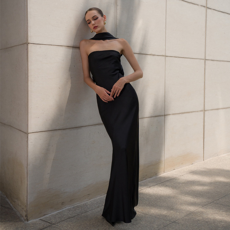 Black Bridesmaid Dress with High-End Texture, Luxurious and Niche Satin for Banquets, Can Be Worn by Hosts and for Everyday Wear, Suitable for Birthdays