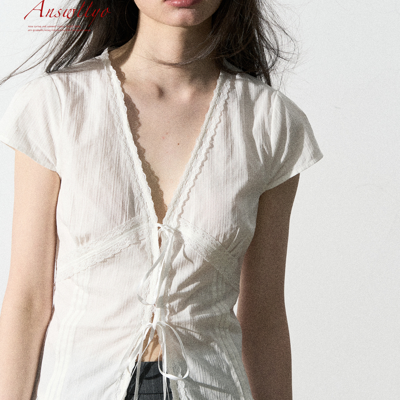 Answllyo Original Design Lace Trim Pure Texture White Shirt Slim Fit Tie Bow Short Sleeve Top