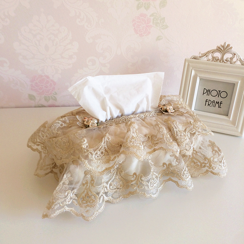 Champagne gold fashion court embroidery Gold silk embroidery European tissue box Tissue cover two high-grade satin