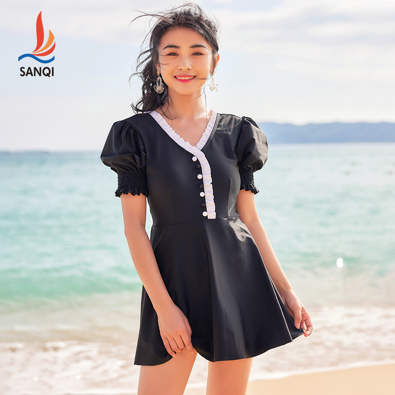 Sanqi conservative belly cover short sleeve sunscreen black slim dress skirt swimsuit women ins bubble hot spring swimsuit