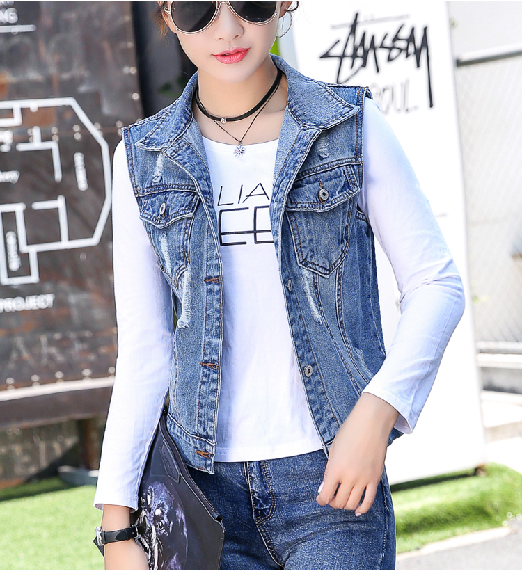 Mùa xuân 2018 hoang dã phiên bản Hàn Quốc mới của áo sơ mi không tay denim lỗ ngắn kích thước lớn vest vest vest nữ áo khoác dạ nữ