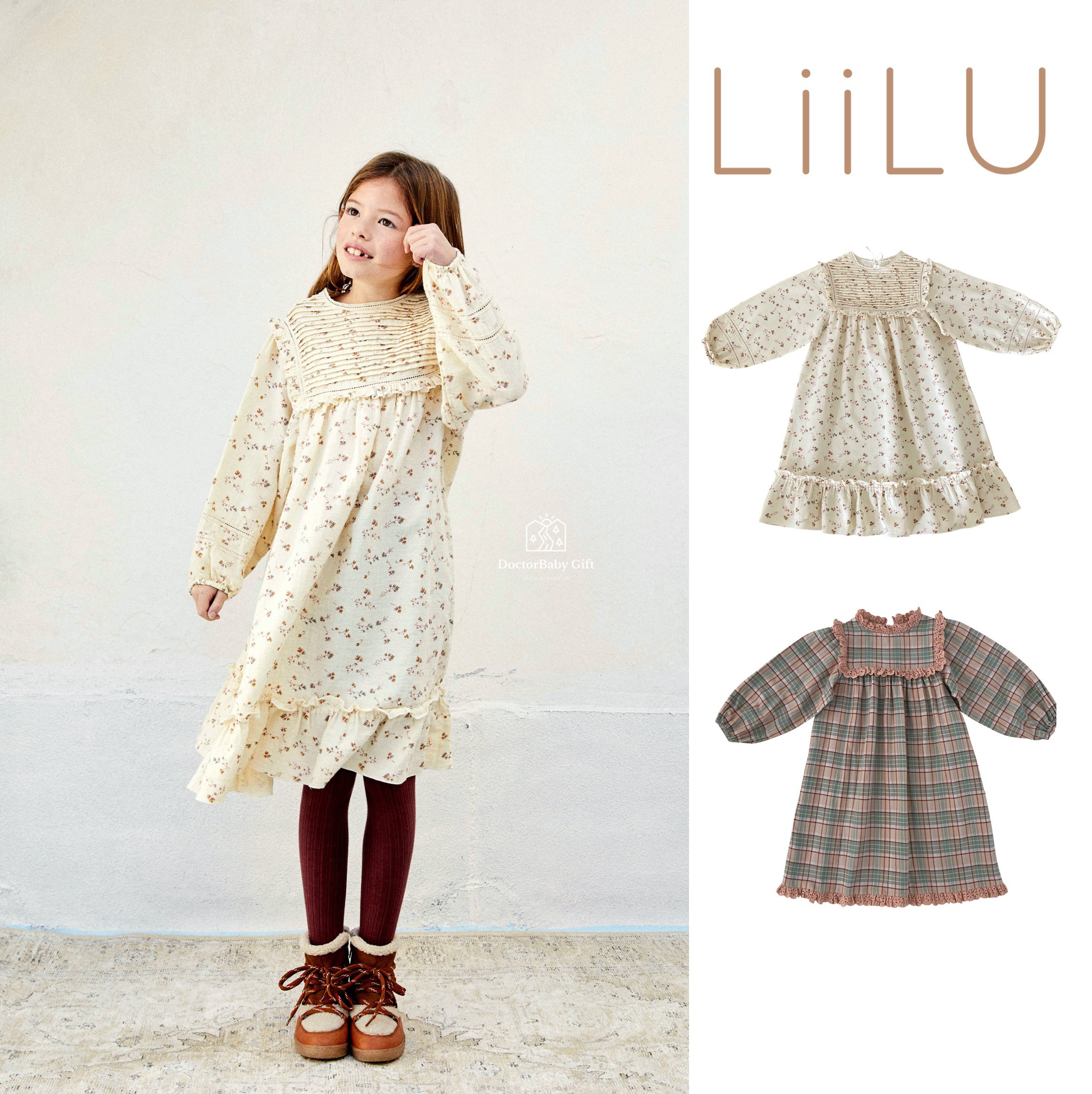 The 6 discount for the German Liù Girls Organic Cotton Senson Crushed Flower Plaid Long Sleeve Foreign Dress 11