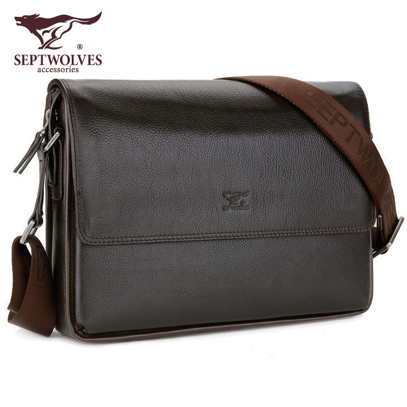 Seven Wolves Men Crosswalk Single Shoulder Bag Brands Full Genuine Leather Skew Satchel Pure Headlining Bull Leather Business Brief Soft