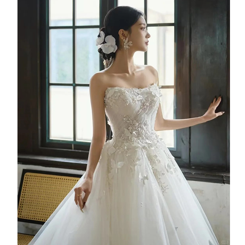 Light Wedding Dress for Women 2026 New Style Strapless Bridal Main Dress with a High-End Feel for Petite Figures, White Reception Dress