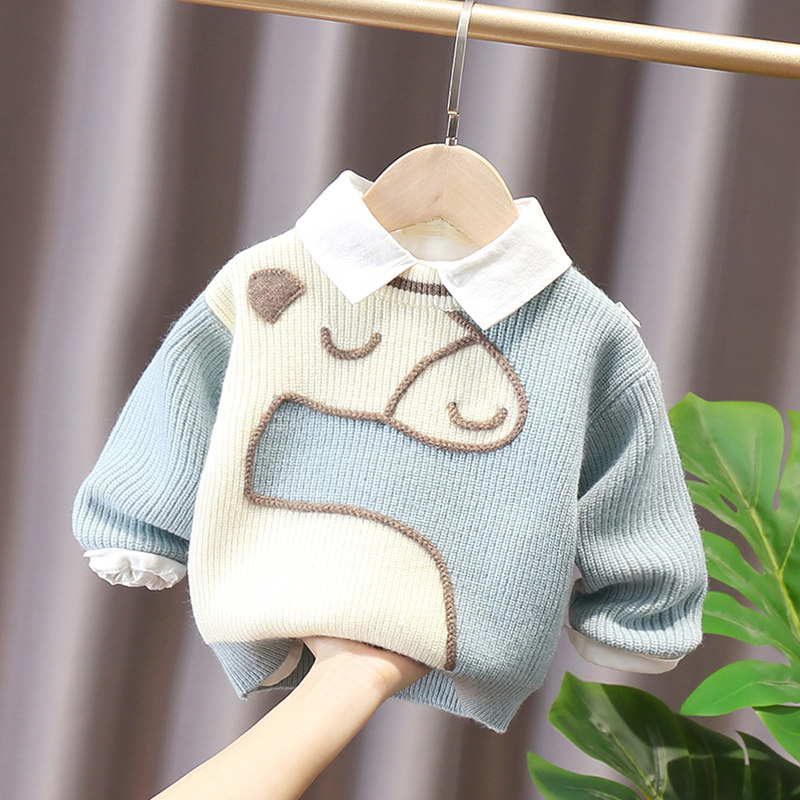 Korean children's Western style Korean version of knitted sweater baby autumn and winter warm cartoon bottoming shirt children's thickened round neck sweater