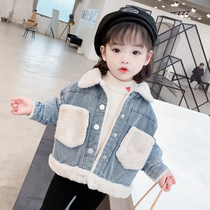South Korean girl gush denim jacket 2021 new female baby autumn winter dress with children thickened warm child foreign air