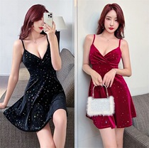 Outleys Han Edition Class Yuan Dress Nightclub Sexy V Lap Velvet Punch A-character Swing