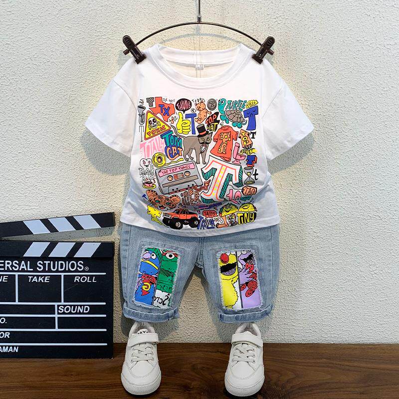 South Korea Ins Boy Summer Clothing Suit 2021 New Cartoon Handsome Children Summer Short Sleeve Ocean Clothing 3