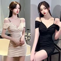 Outleys Night Club Short Wind Short Open Shoulder Wears V-collar Link Hanging Handle Road Dress