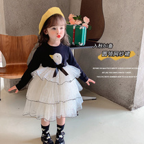South Korean girls long sleeve dress with dress fall new girl web yarn dress Childrens spring autumn pure cotton foreign air princess dress