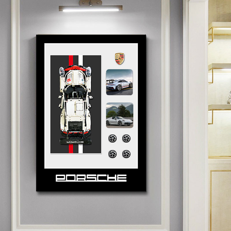 Building Block Wall-Mounted Car Hanging Painting 911 Sports Car Model Creative Living Room Decoration Children's Photo Frame Three-Dimensional Physical Mural