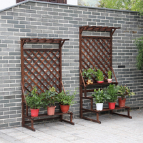 Outdoor old balcony carbonized anti-corrosion wood ladder floor-to-ceiling grid hanging orchid climbing rattan flower rack Solid wood multi-layer shelf