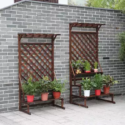 Outdoor used balcony carbonized anti-corrosion wood ladder floor-to-ceiling grid hanging orchid climbing rattan flower rack solid wood multi-layer shelf