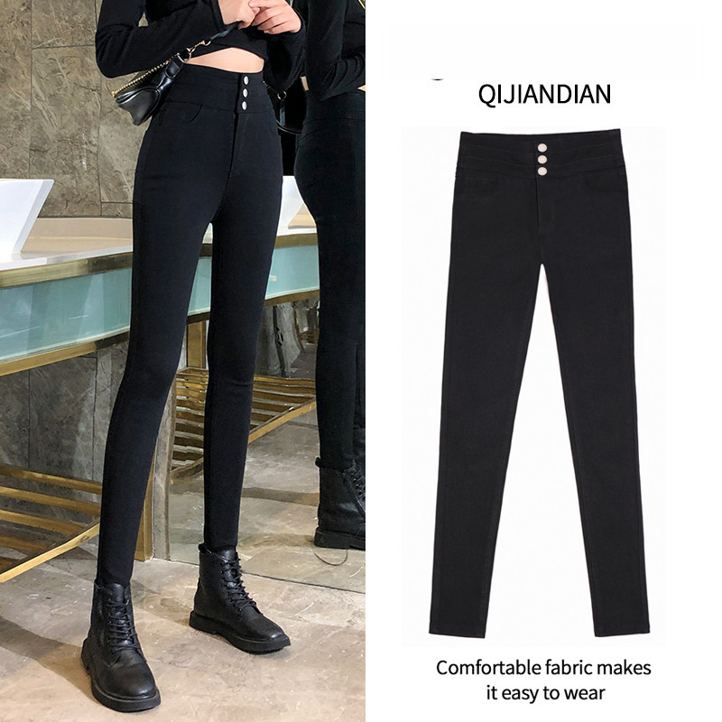 Black inner pants women's outerwear plus velvet pants women's cigarette pants slim high waist small black pants 2021 autumn and winter new style - Taobao