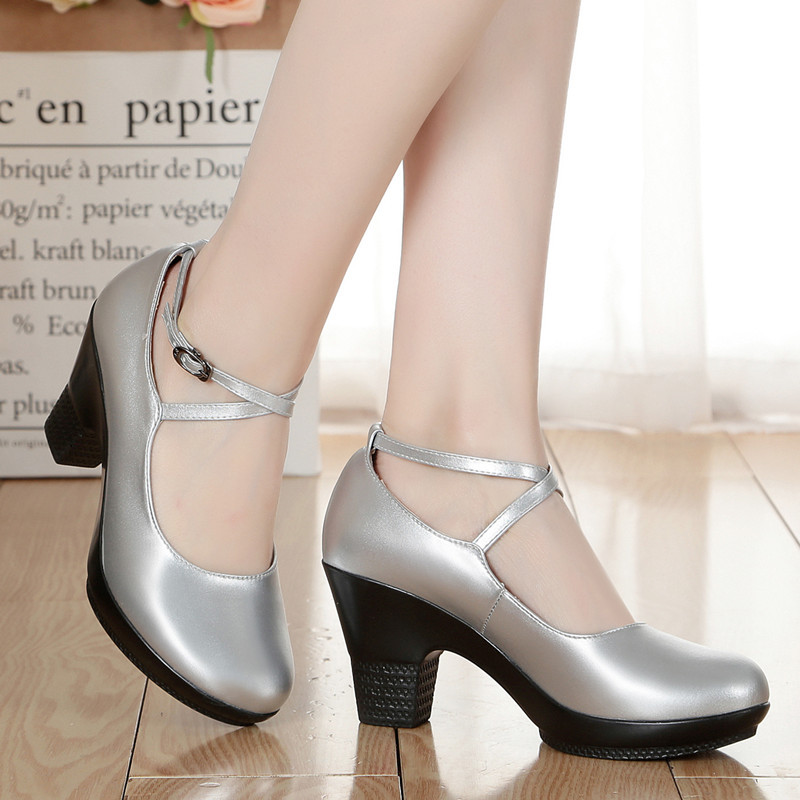 Genuine Leather High-Heeled Dance Shoes, Waterproof Platform Dance Shoes, Square Dance Shoes, Thick Heel, Thick Sole, Comfortable Work Shoes for Women