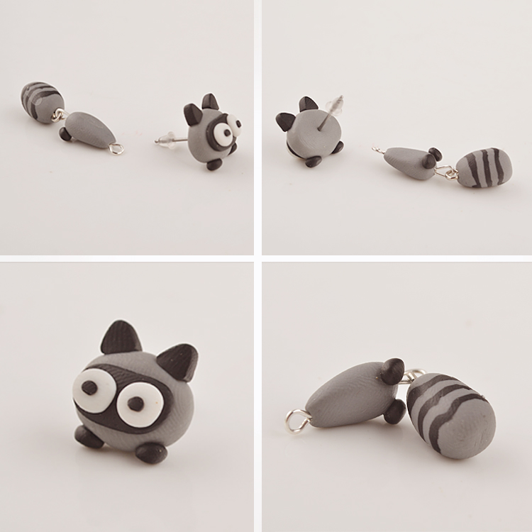 Handmade Soft Ceramic Small Raccoon Earrings Cartoon Personality Split Earrings Wholesale Nihaojewelry display picture 6