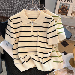 Loose and thin POLO collar ice silk short -sleeved T -shirt female summer foreign stripe zipper top