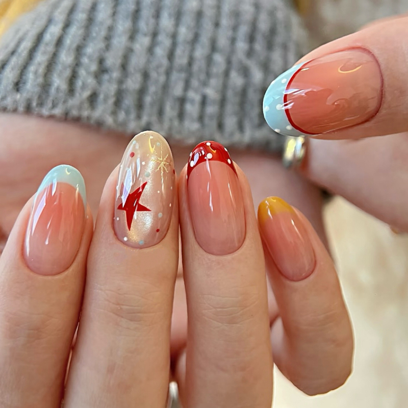New Year Colorful Short Gradient Star Nail Stickers High-End Gradient Dopamine French Manicure