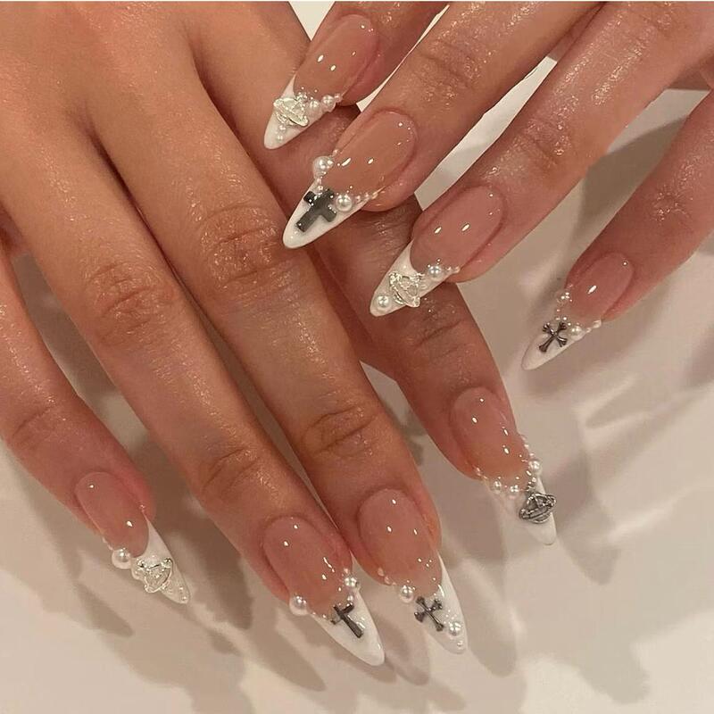 Sweet Cool Style Manicure, White French Manicure, Press-On Nails, Dark Style, Crow Heart Manicure, Pearl Gentle Manicure Sweet Cool Style Manicure, White French Manicure, Press-On Nails, Dark Style, Crow Heart Manicure, Pearl Gentle Manicure