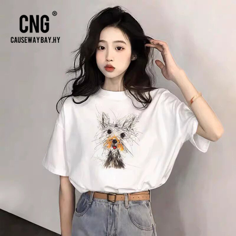 French Cng Luxury Fashion Brand Pure Cotton Short-Sleeve Black T-Shirt for Women, Summer Plus Size, Slimming, Loose Fit, Printed, Versatile Half-Sleeve