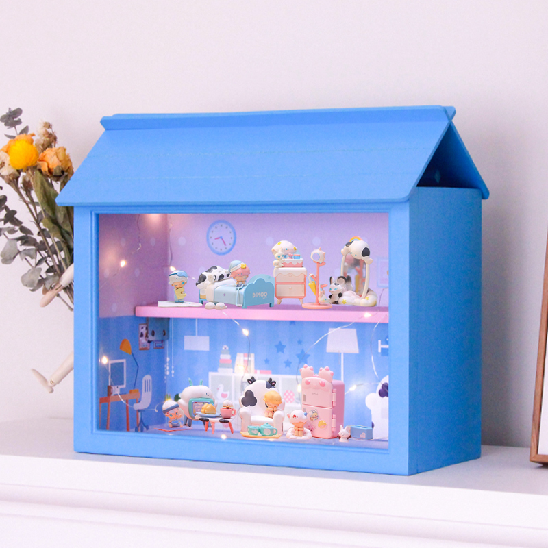 Blind Box Storage Bubble Mart Figure Scene Cabinet Transparent Acrylic Landscaping Box Dust-Proof Wooden Box Doll House Display Stand