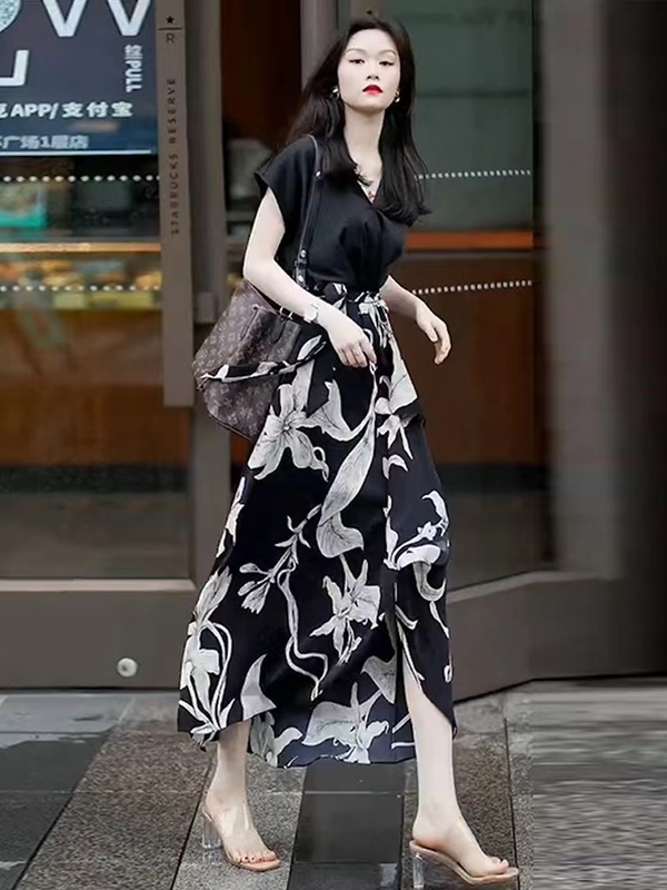 European Station 2026 Summer New Floral Elegant Patchwork Fake Two-Piece Long Dress Socialite Style Fashion Dress