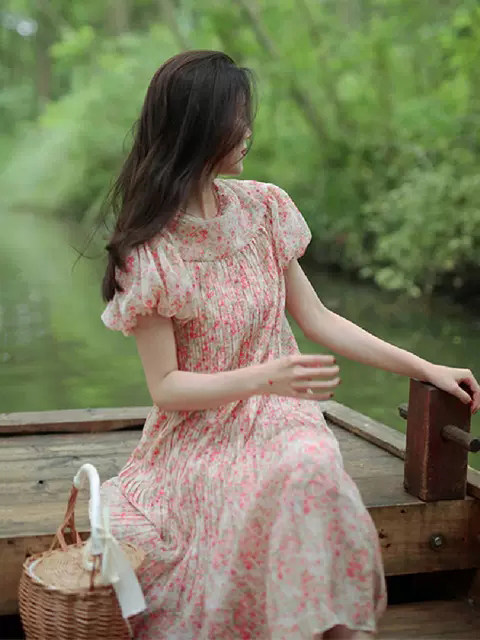 European station summer new foreign floral orange terrier skirt loose puff sleeves fairy skirt vacation travel dress long skirt