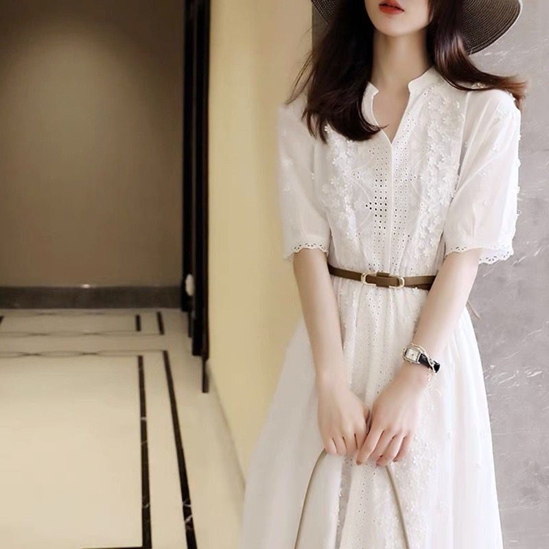 European summer new lace paneling white temperament feminine age-reducing celebrity long skirt dress