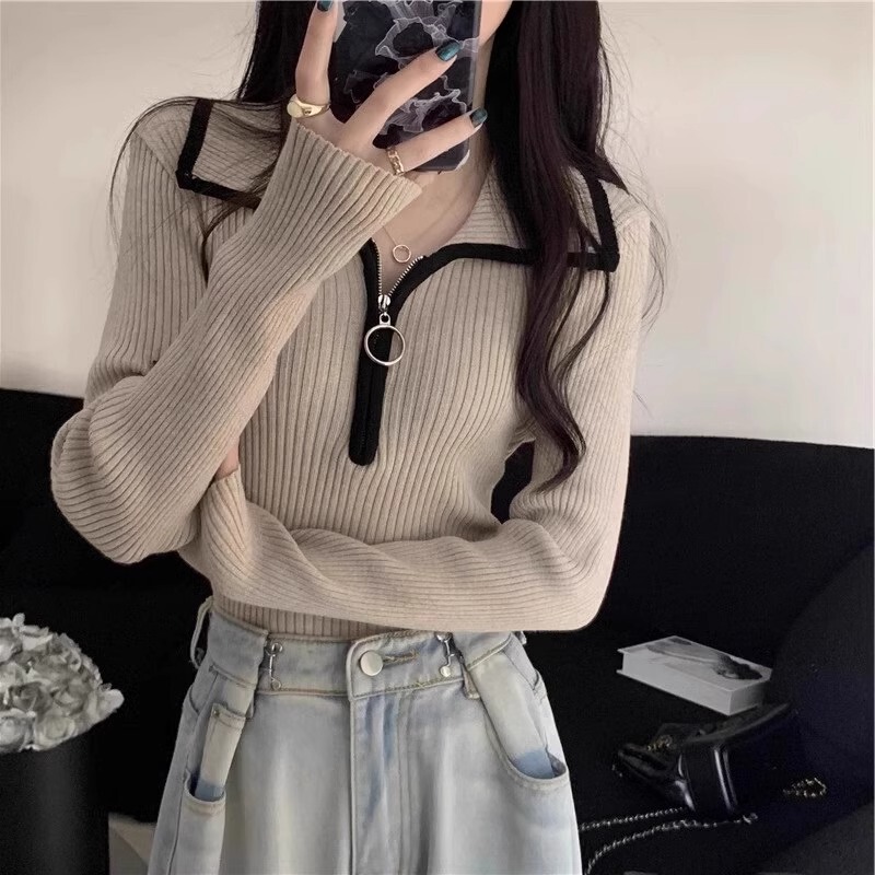 This Year's Trendy and Beautiful Polo Collar Sweater Is a Stylish Zipper Knit Top for Women, Suitable as an Inner Layer for Autumn and Winter, and Can Be Worn as an Outer Layer in Spring and Autumn