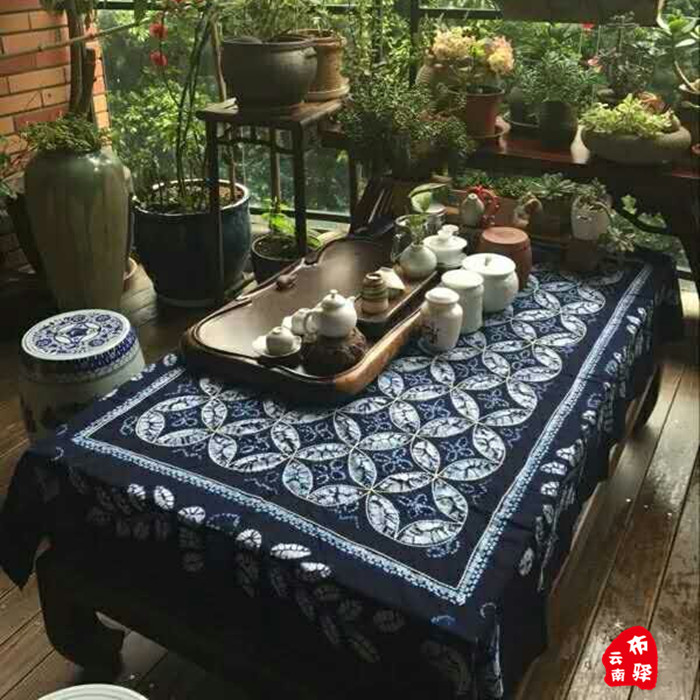 Yunnan Dali Handmade Dyed Sheet Table Cloth Hanging Curtain Sand Release-Blue Bronze Money Flower (195 x 145CM)