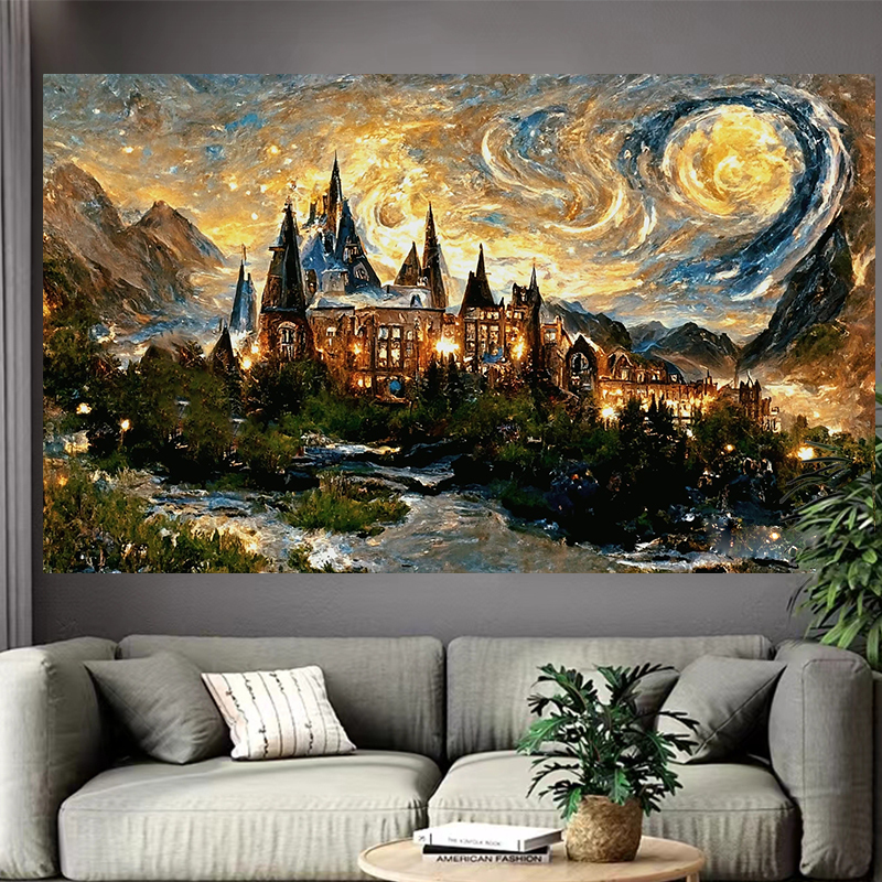 Hogwarts Background Cloth, Niche High-End Wall Covering, Bedroom Background Wall Tapestry, Canvas Room Headboard Hanging Painting
