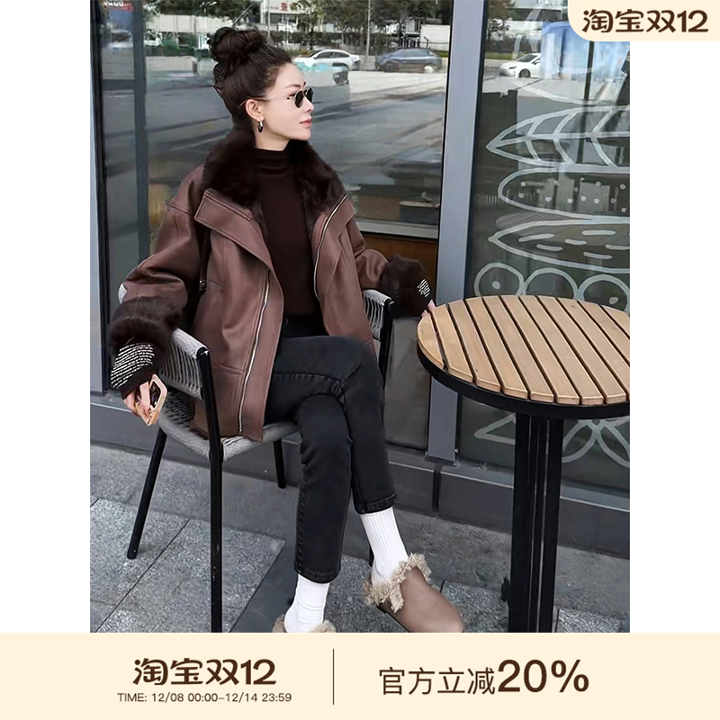 Coco Huanjie light luxury autumn and winter fur all-in-one retro brushed protein leather temperament short coat jacket women's coat