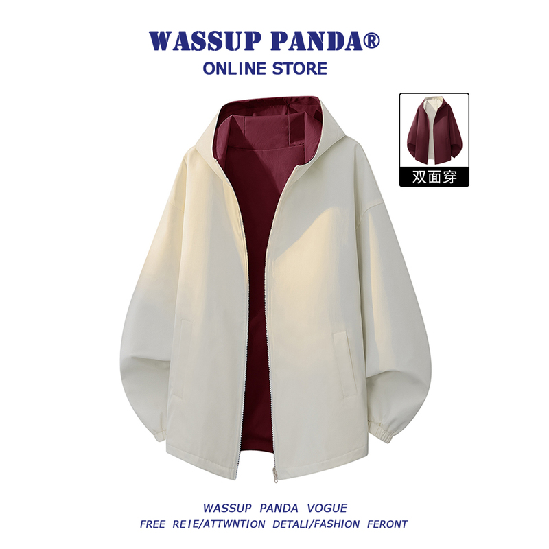 Wassup Panda Reversible Hooded Jacket for Men, Spring and Autumn Trendy Loose Versatile Casual Jacket Top Wassup Panda Reversible Hooded Jacket for Men, Spring and Autumn Trendy Loose Versatile Casual Jacket Top