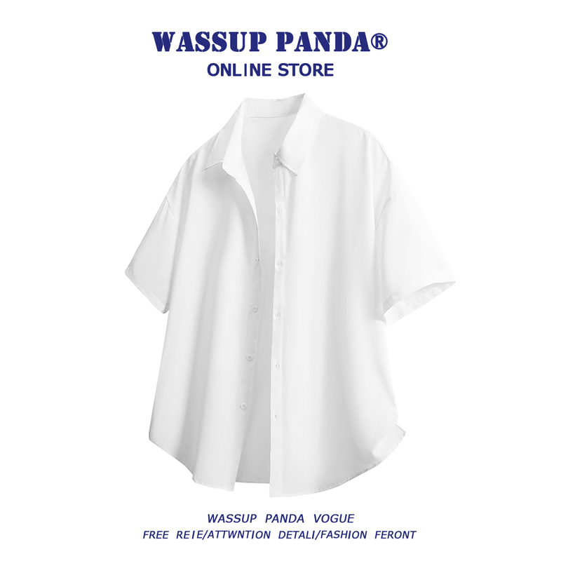 Wassup Panda Drapey Ice Silk White Short-Sleeved Shirt Men's Summer Pure Color Casual Half-Sleeved Shirt Jacket