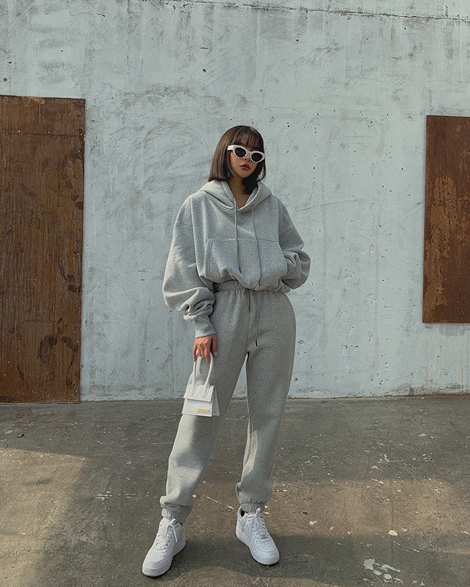 Basic Wear Black Charcoal Hoodies for Women Autumn Winter Loose Fleece Hooded Sweatshirts Streetwear Cropped Pullovers