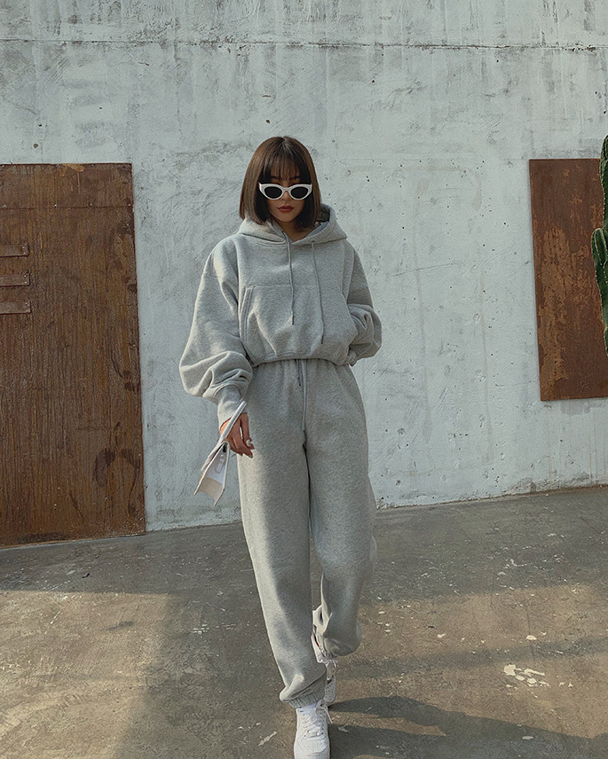 Basic Wear Black Charcoal Hoodies for Women Autumn Winter Loose Fleece Hooded Sweatshirts Streetwear Cropped Pullovers