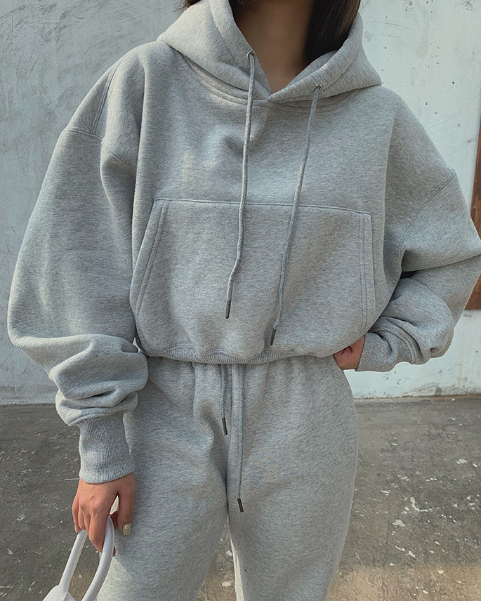 Basic Wear Black Charcoal Hoodies for Women Autumn Winter Loose Fleece Hooded Sweatshirts Streetwear Cropped Pullovers