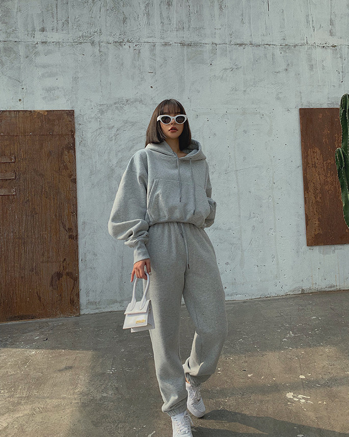 Basic Wear Black Charcoal Hoodies for Women Autumn Winter Loose Fleece Hooded Sweatshirts Streetwear Cropped Pullovers