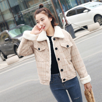 2021 autumn and winter Korean suit plaid woolen jacket women short cotton padded thick student loose baseball suit plus Velvet