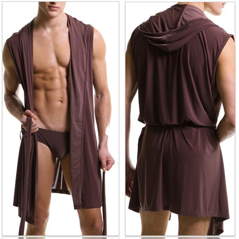 Summer Men's Nightgown, Soft and Sexy Sleeveless Pajamas, Bathrobe for Men with Hood, Thin Ice Silk Smooth and Comfortable Bathrobe