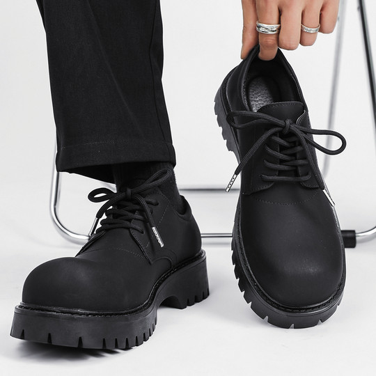 Derby Shoes for Men, Summer Breathable Thick-Soled Height-Increasing Genuine Leather Work Shoes, Black Casual Low-Top Retro Large-Toe Leather Shoes