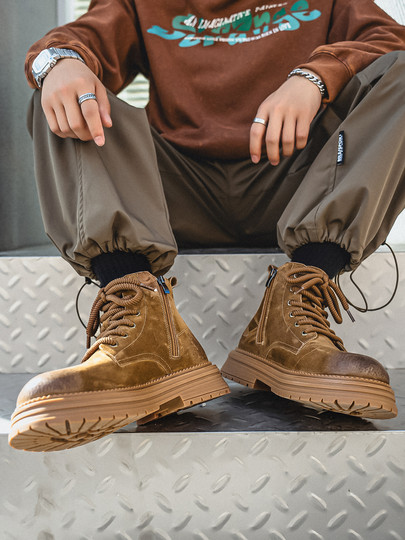 Martin Boots for Men 2025 New Winter Genuine Leather High-Top Shoes British Style Mid-Top Fleece-Lined Height-Increasing Retro Work Boots