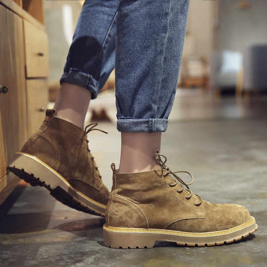 Martin Boots for Men, Winter Fleece-Lined High-Top Shoes, Retro Trendy Genuine Leather Versatile Short Boots, Mid-Top British Style Work Boots