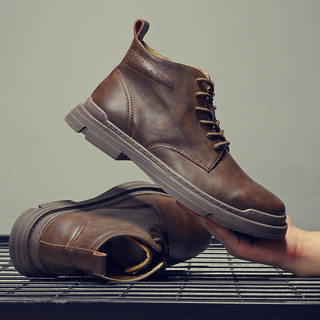 Martin Boots for Men, Winter High-Top with Fleece Lining, British Style Work Boots, Mid-Top Short Boots, Snow Boots, Vintage Genuine Leather Trendy Boots