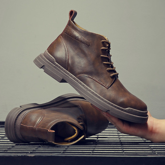 Martin Boots for Men, Winter High-Top with Fleece Lining, British Style Work Boots, Mid-Top Short Boots, Snow Boots, Vintage Genuine Leather Trendy Boots