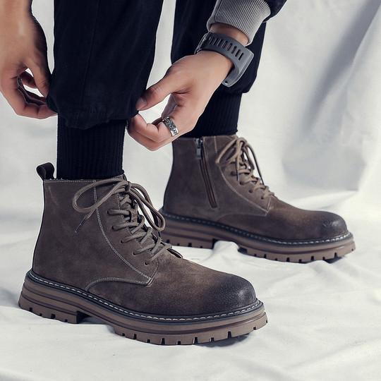 Martin Boots Men's Winter High-Top Shoes British Style Genuine Leather Mid-Top Trendy Short Boots Retro Fleece-Lined Korean Style Work Boots