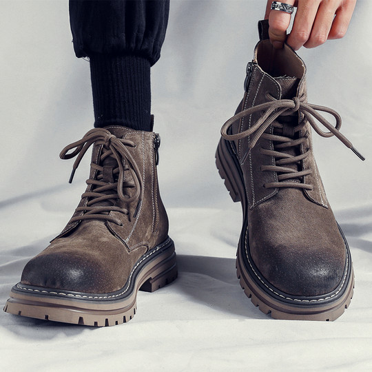 Martin Boots Men's Winter High-Top Shoes British Style Genuine Leather Mid-Top Trendy Short Boots Retro Fleece-Lined Korean Style Work Boots