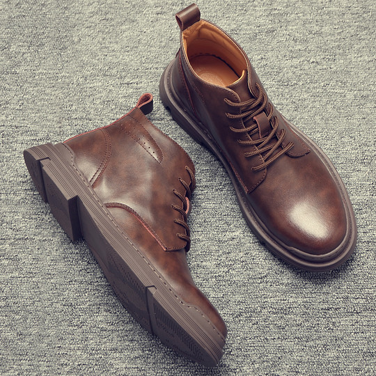 Martin Boots for Men, Winter Fleece-Lined Genuine Leather High-Top Shoes, Trendy Casual Mid-Top Short Boots, Retro British Style Work Boots