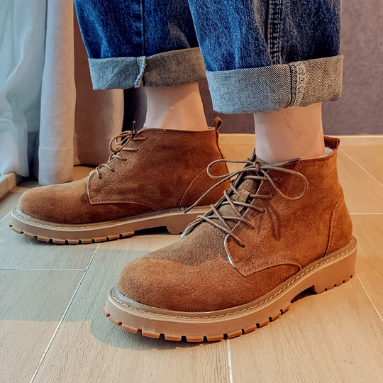 Martin Boots for Men, Winter High-Top Shoes with Plush Lining, British Style Genuine Leather, Korean Version, Retro Trendy Versatile Mid-Top Work Boots